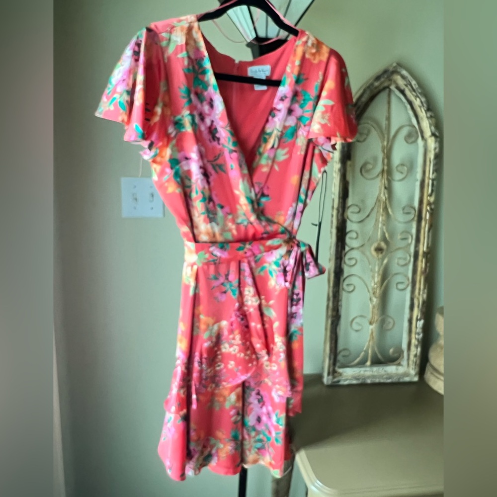 Satin Floral Faux Wrap Dress by Nicole Miller